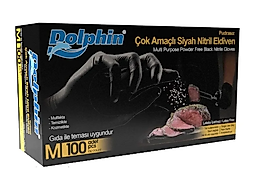 Dolphin Siyah Çok Amaçlı Nitril Muayene Eldiveni M Beden